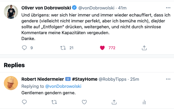 Oliver von Dobrowolski gendert auf Twitter.
