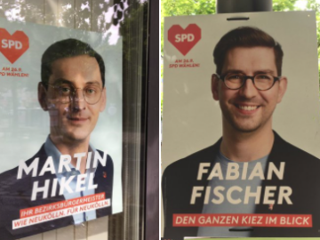 SPD-Wahlplakate mit den Porträts der Politiker Martin Hikel und Fabian Fischer unweit der Hermannstraße im Neuköllner Rollberg-Kiez